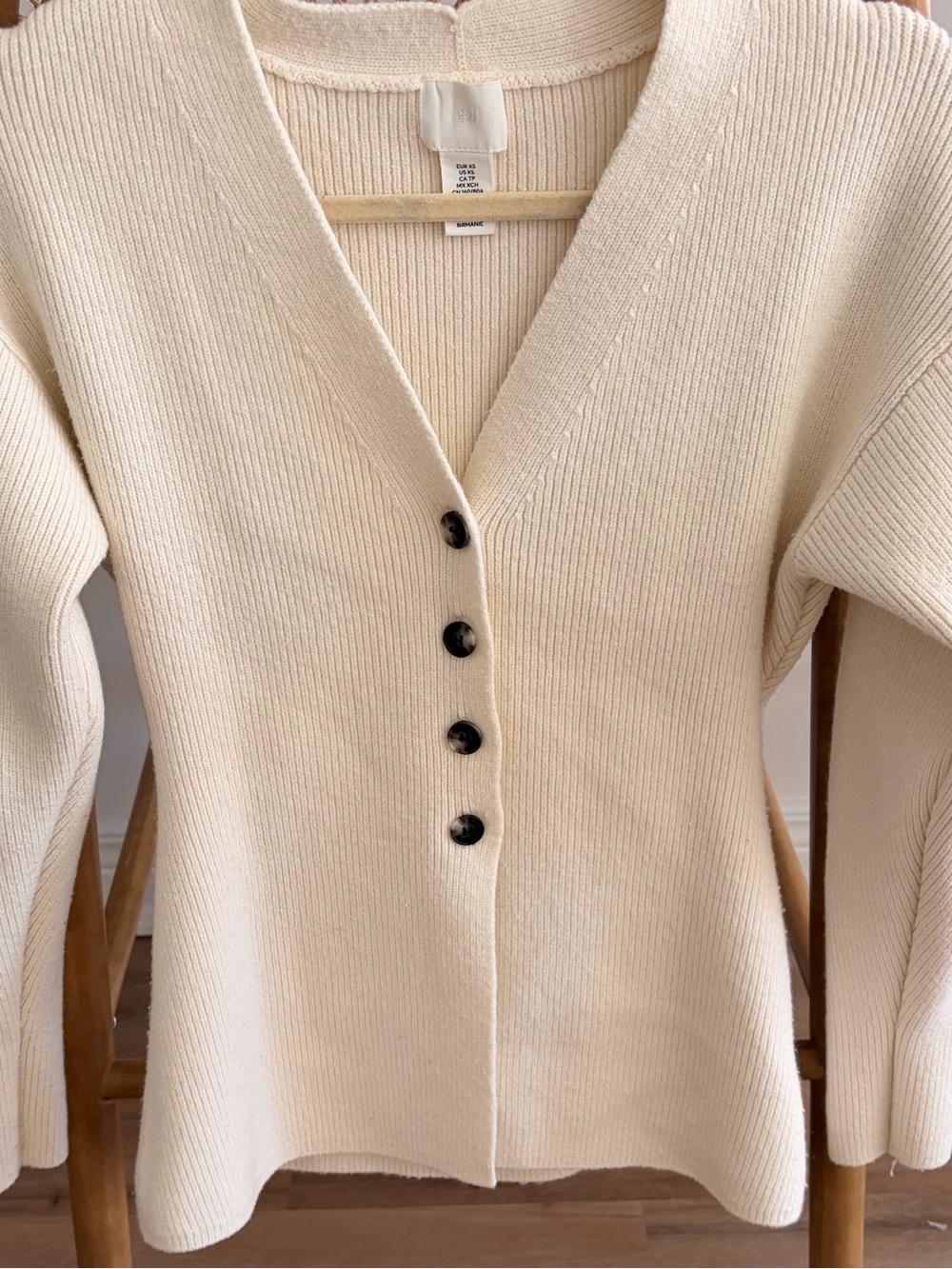H&M Cream Ribbed V-Neck Button Sweater